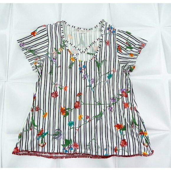 Soma Sz M Criss Cross Front Short Sleeve Floral Jersey Knit Picot Trim Top Women - Picture 5 of 9